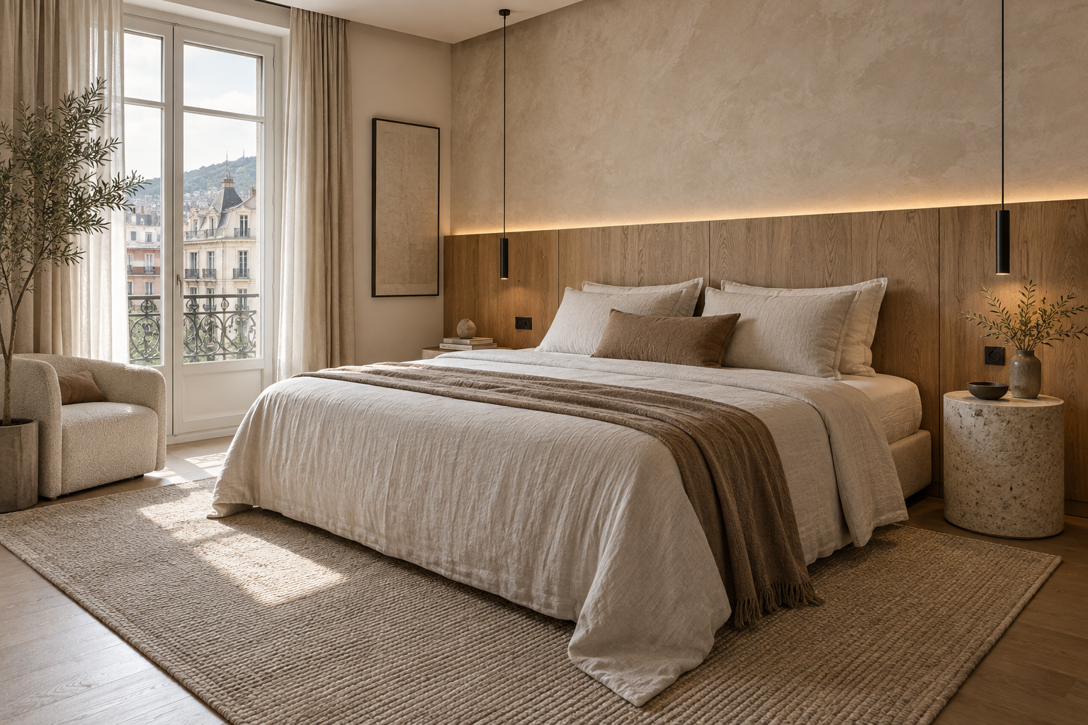 Dormitorio contemporáneo con madera, lino y luz suave, imagen conceptual