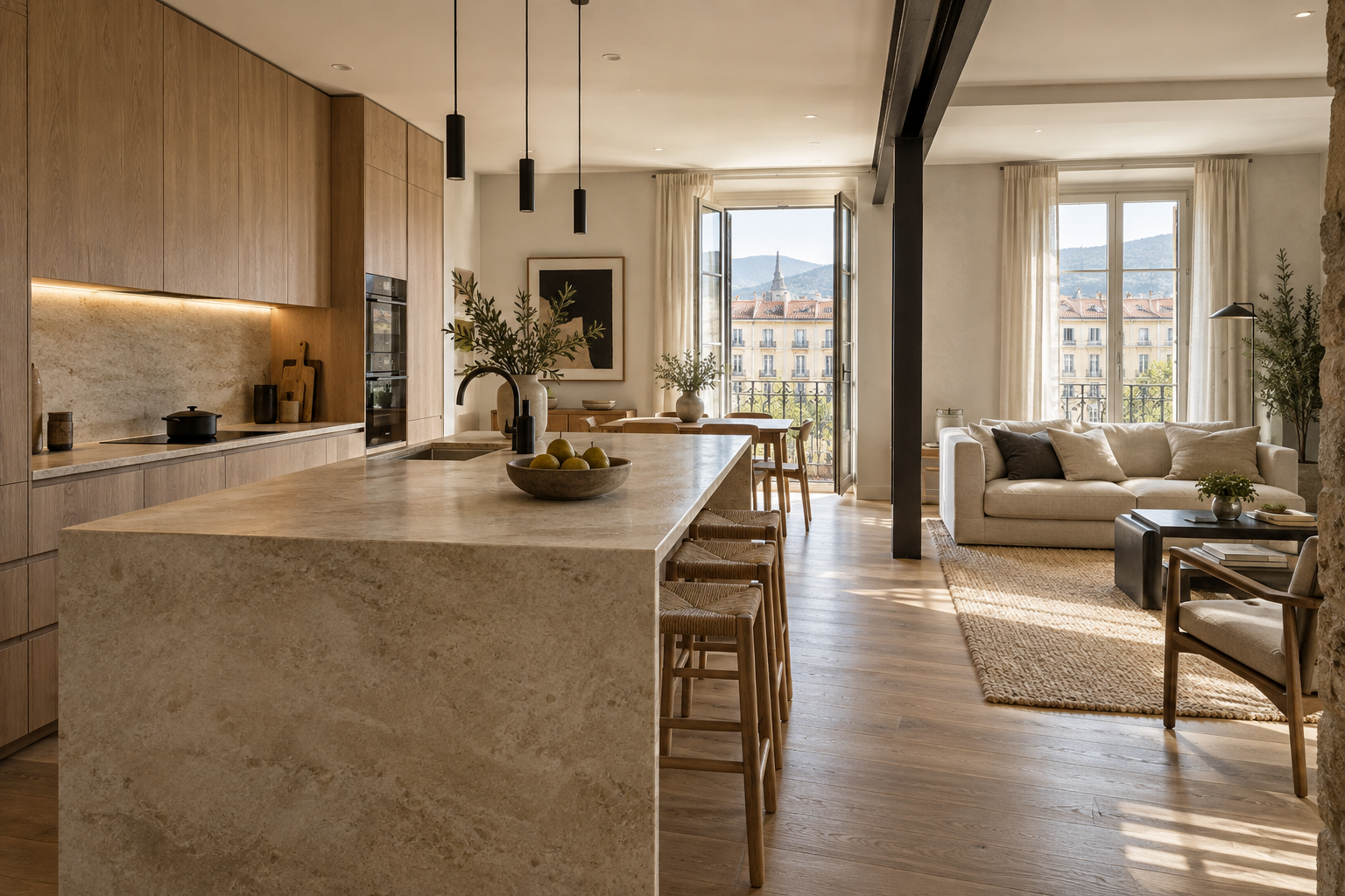 Cocina abierta a salón con materiales naturales, imagen conceptual